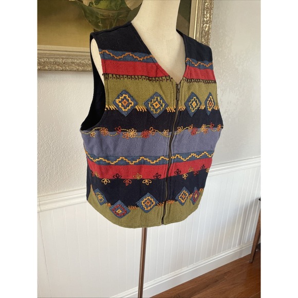 Vintage 90s Women Cotton Southwestern Print Appliqué Zip Vest Western Patchwork - Picture 2 of 7